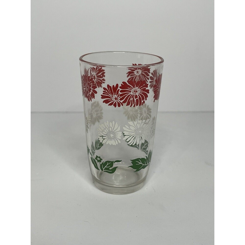 Vtg. Hazel-Atlas, Red & White Floral w/Green Leaves Swanky Swig Juice Glass